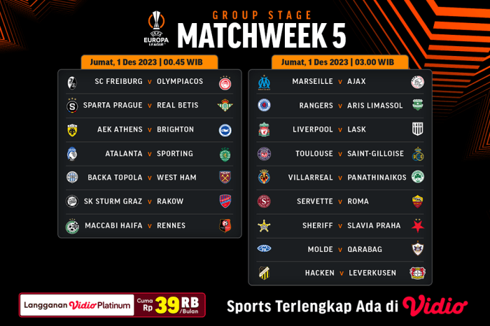 Jadwal Link Streaming UEFA Europa League Matchweek 5 | Vidio Jadwal Link Streaming UEFA Europa League Matchweek 5 | Vidio